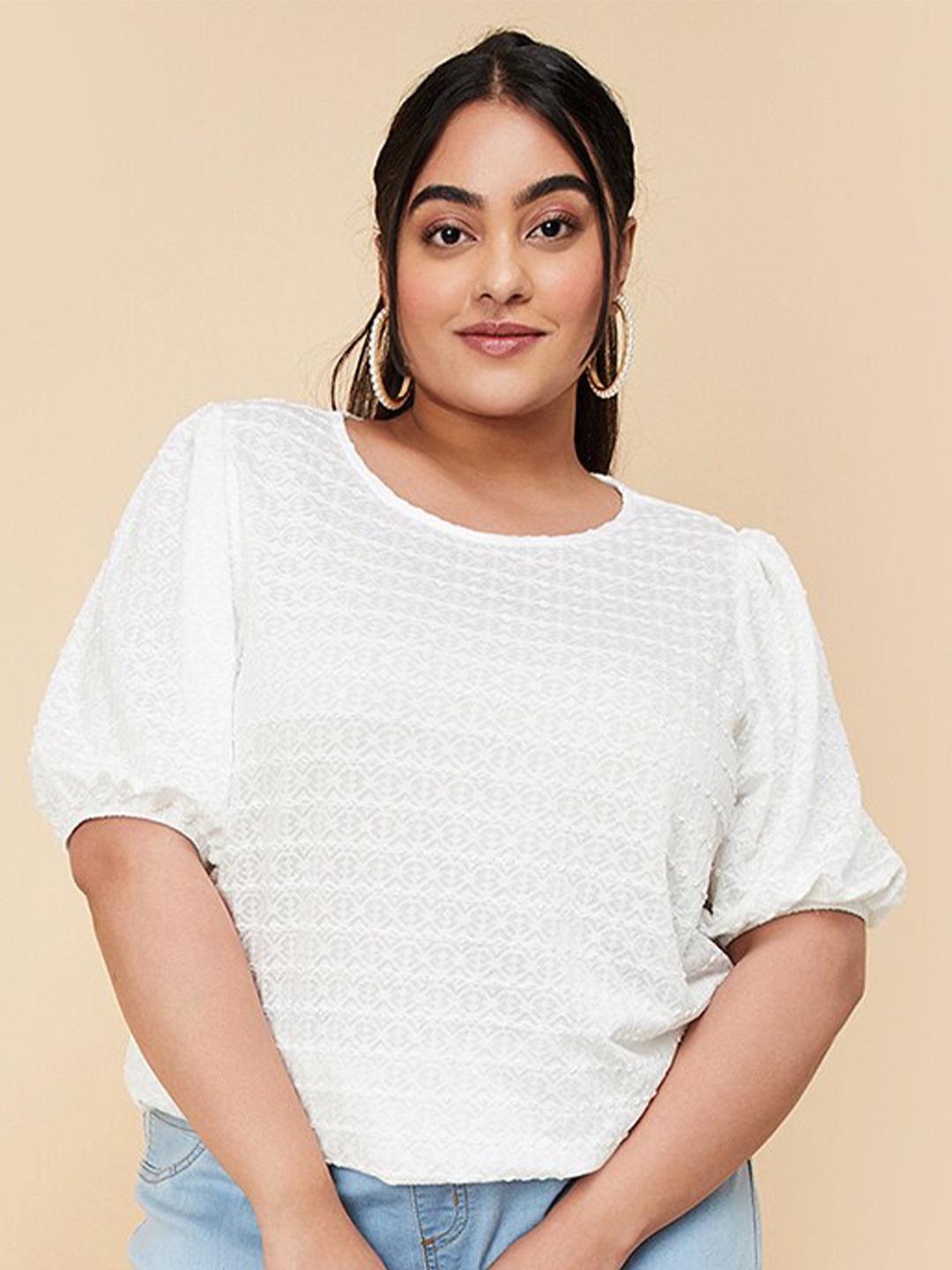 

max Cotton Round Neck Puff Sleeve Opaque Casual Plus Size Top, White