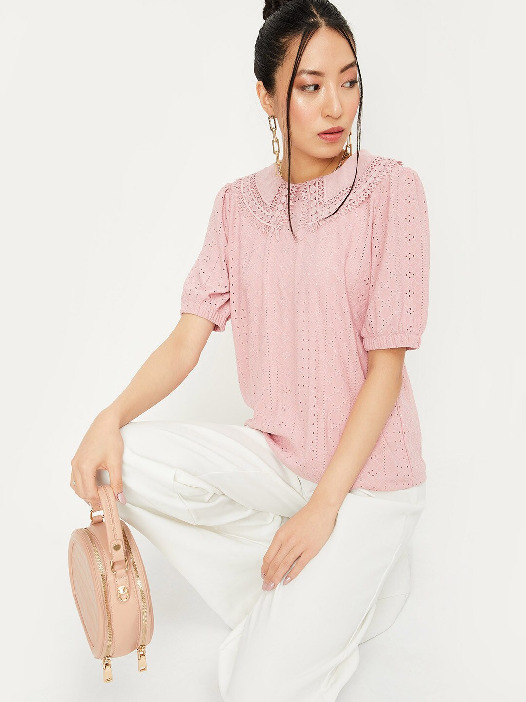 

max Self Designed Above the Keyboard Collar Puff Sleeves Top, Pink