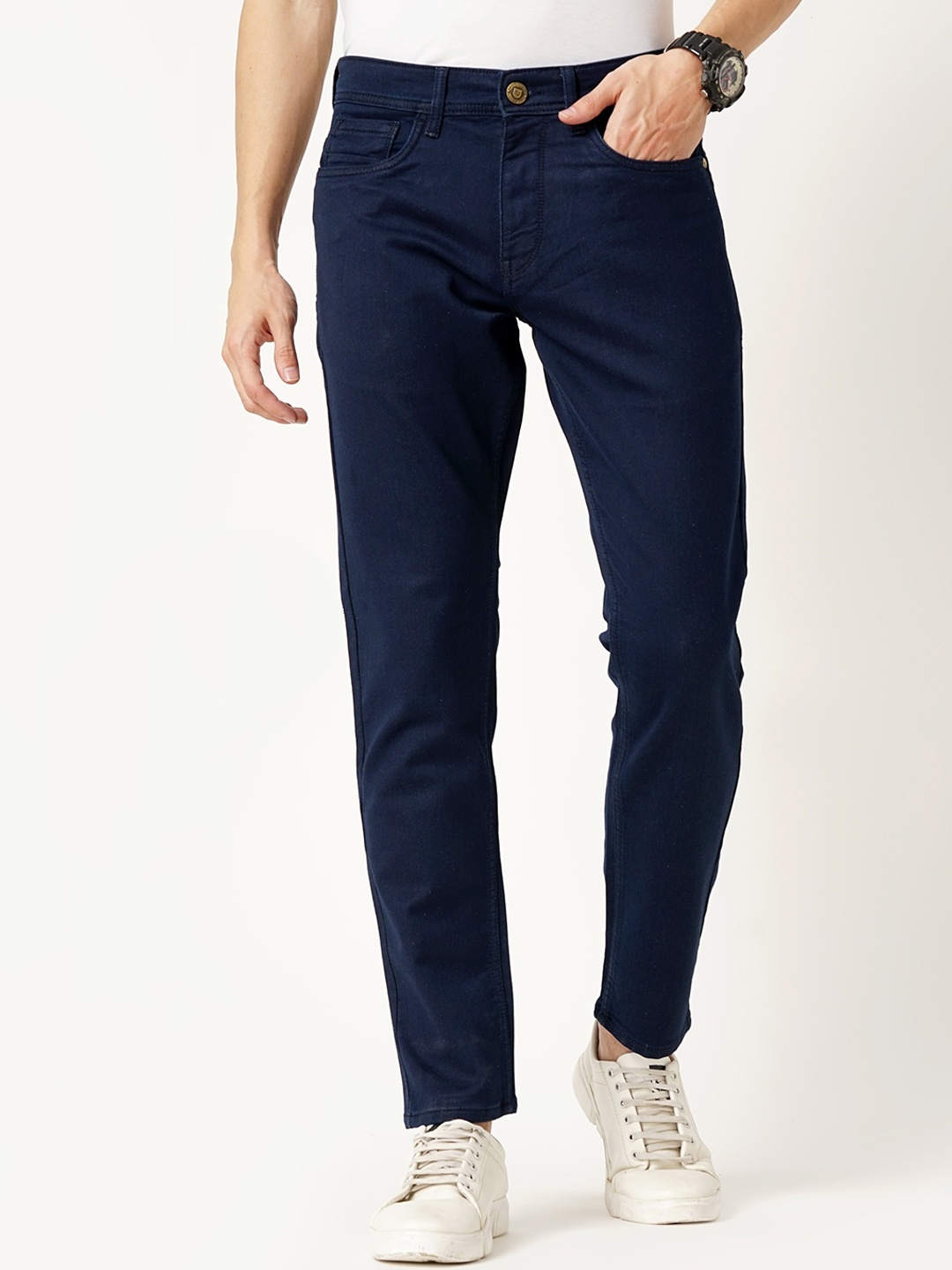 

Llak Jeans Men Tapered Fit Mid Rise Clean Look Low Distress Stretchable Jeans, Navy blue