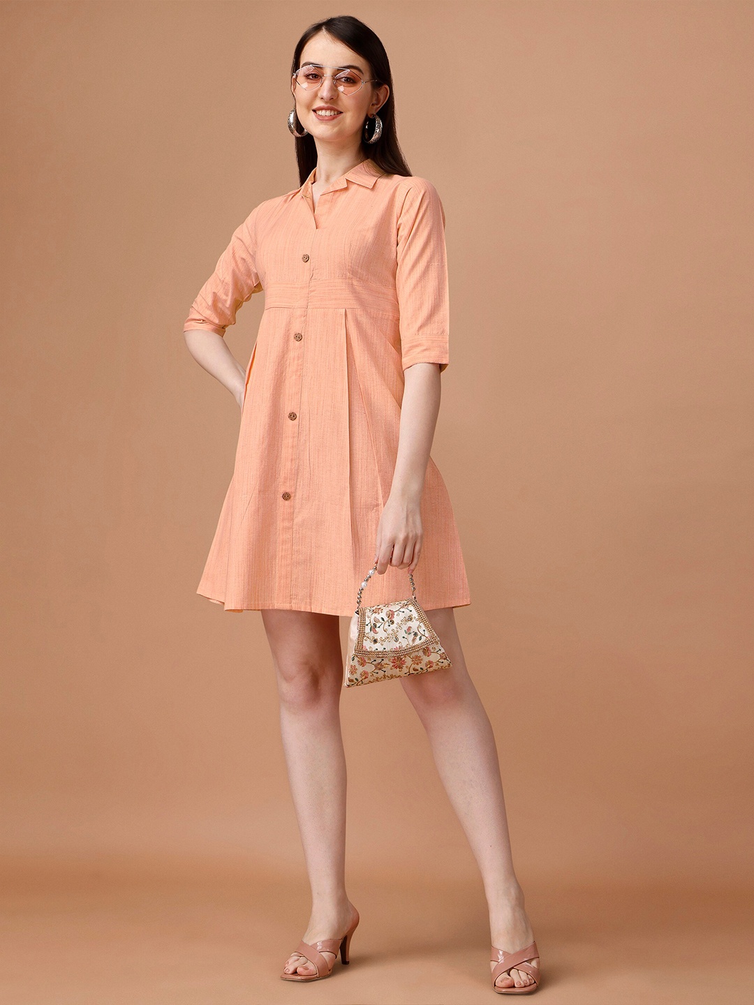 

CaniBani Shirt Collar Cotton Mini Shirt Dress, Peach