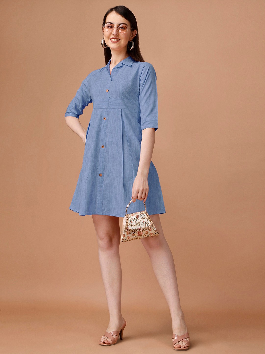 

CaniBani Shirt Collar Cotton Mini Shirt Dress, Blue