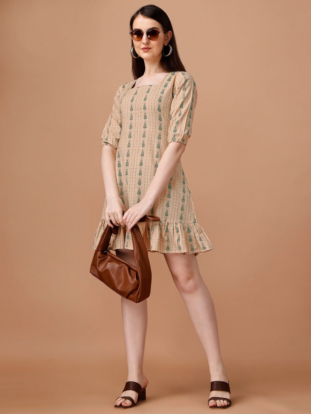 

CaniBani Ethnic Motifs Printed Cotton A-Line Dress, Green