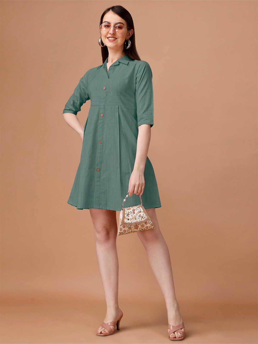 

CaniBani Shirt Collar Cotton Mini Shirt Dress, Green