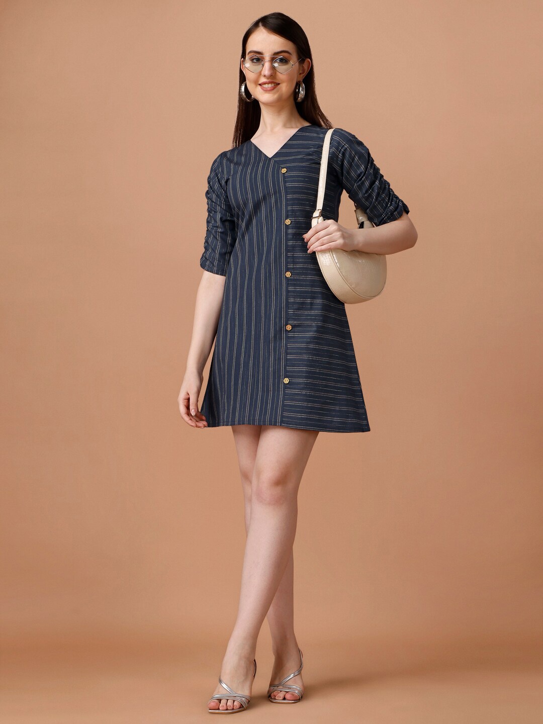 

CaniBani Striped Printed Cotton A-Line Mini Dress, Blue