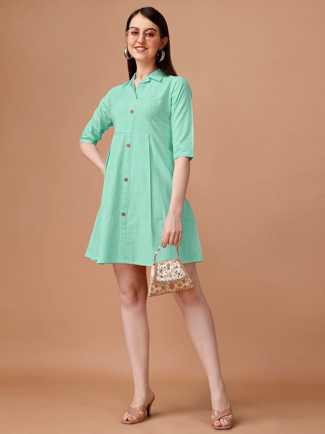 

CaniBani Opaque Cotton Mini Shirt Dress, Green