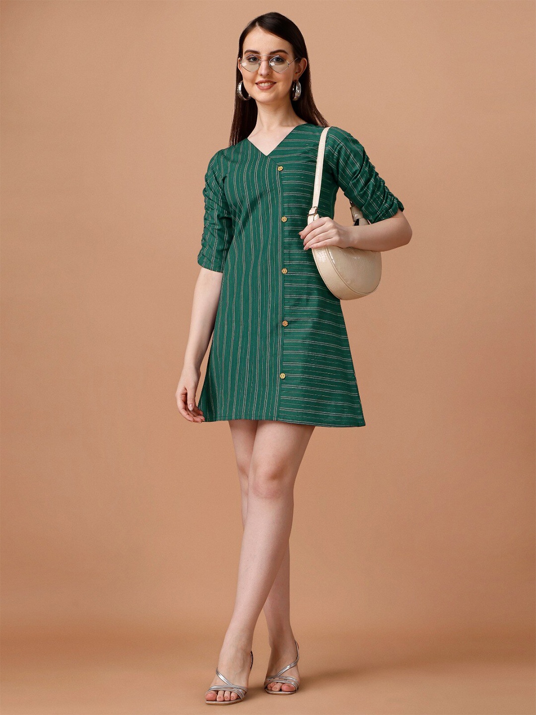 

CaniBani Striped Cotton Mini Shirt Dress, Green