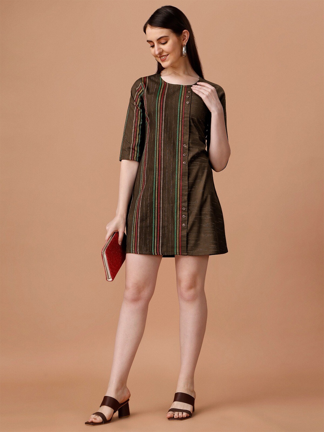 

CaniBani Striped Printed Cotton A-Line Mini Dress, Brown