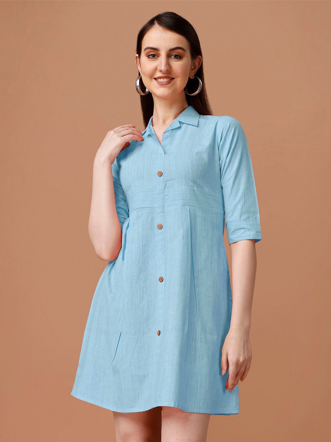 

CaniBani Shirt Collar Cotton Mini Shirt Dress, Turquoise blue