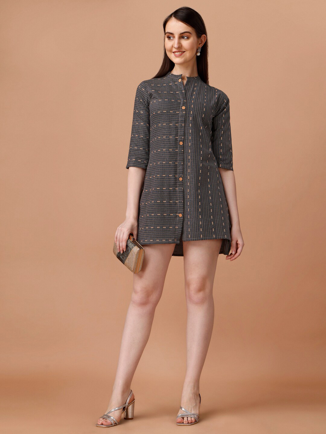 

CaniBani Printed Mandarin Collar Cotton Mini Shirt Dress, Grey