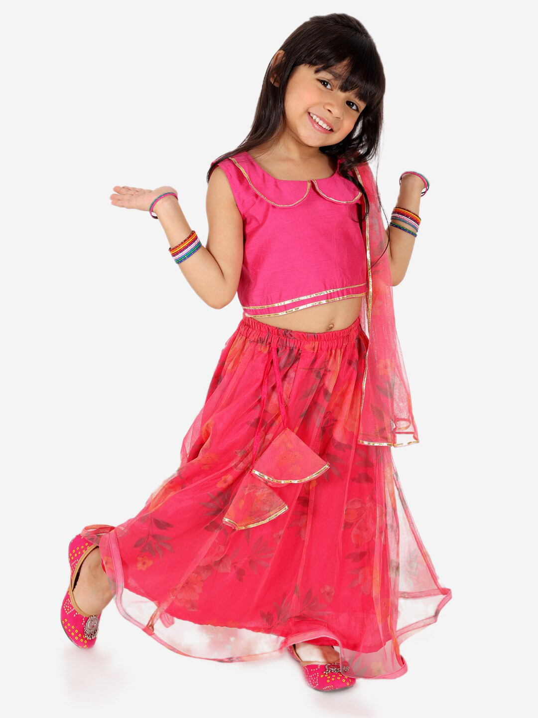

BownBee Girls Peter Pan Collar Girls Ready To Wear Printed Lehenga & Blouse With Dupatta, Pink