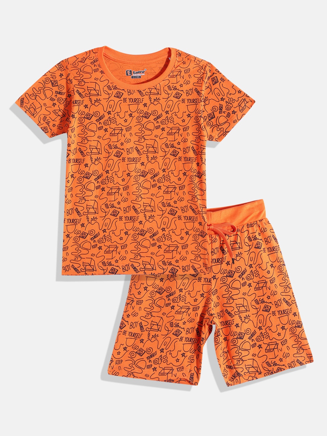 

Eteenz Boys Premium Cotton Conversational Print T-shirt with Shorts, Orange