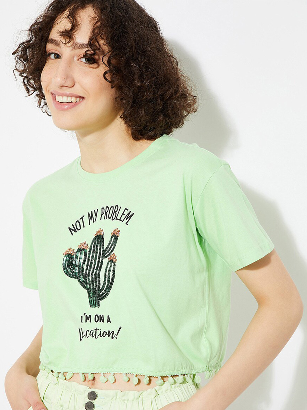 

max URB_N Typography Printed Round Neck Regular Fit Raw Edge Cotton Casual T-shirt, Green