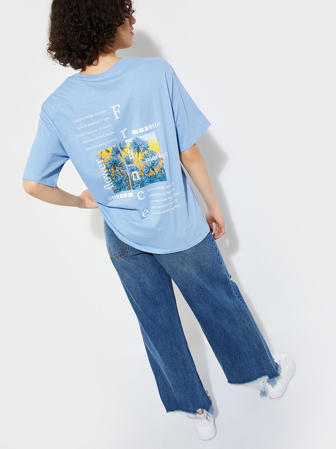 

max URB_N Floral Printed Round Neck Regular Fit Applique Cotton Casual T-shirt, Blue