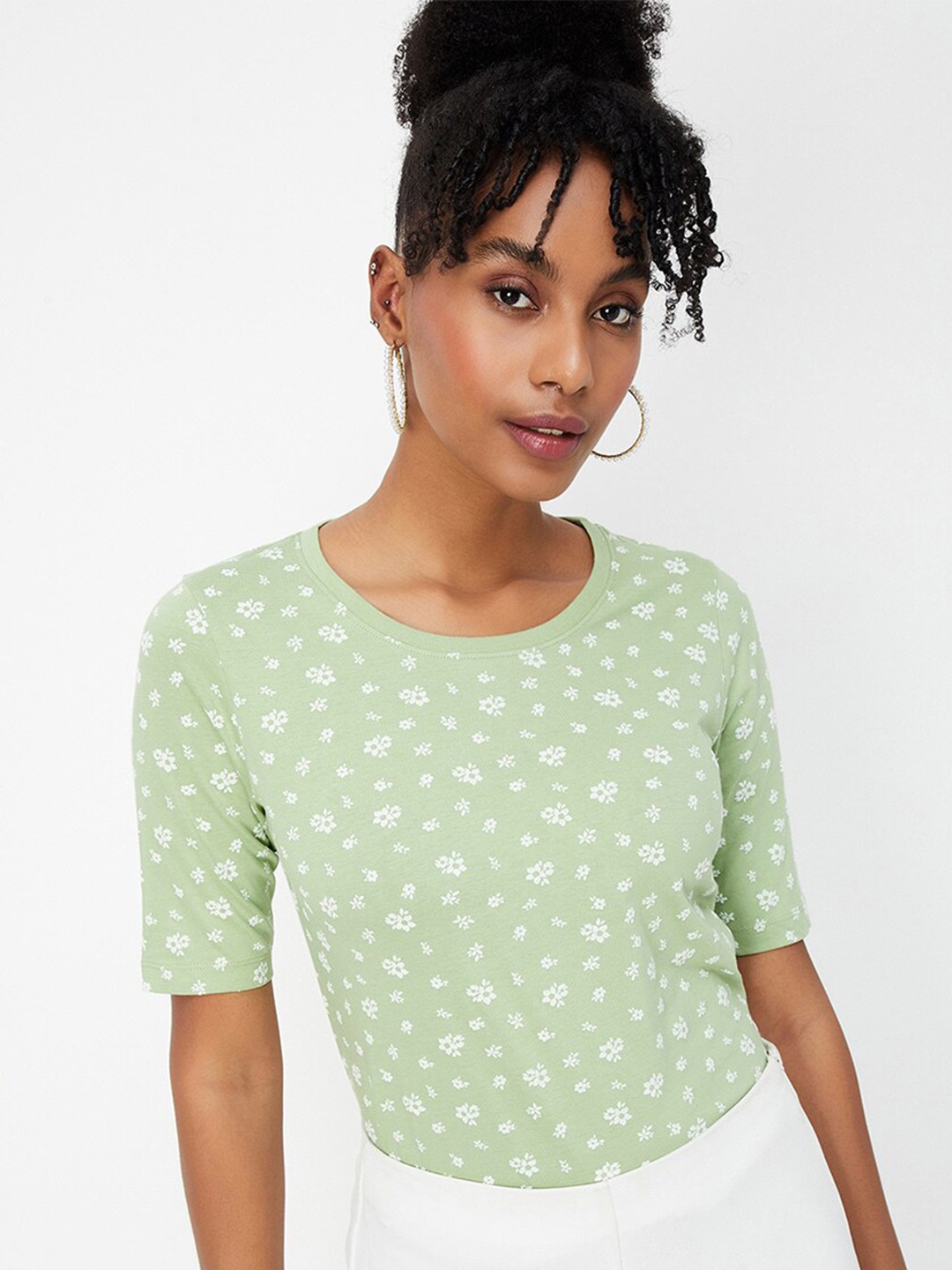 

max Floral Printed Round Neck Raw Edge Cotton Casual T-shirt, Green
