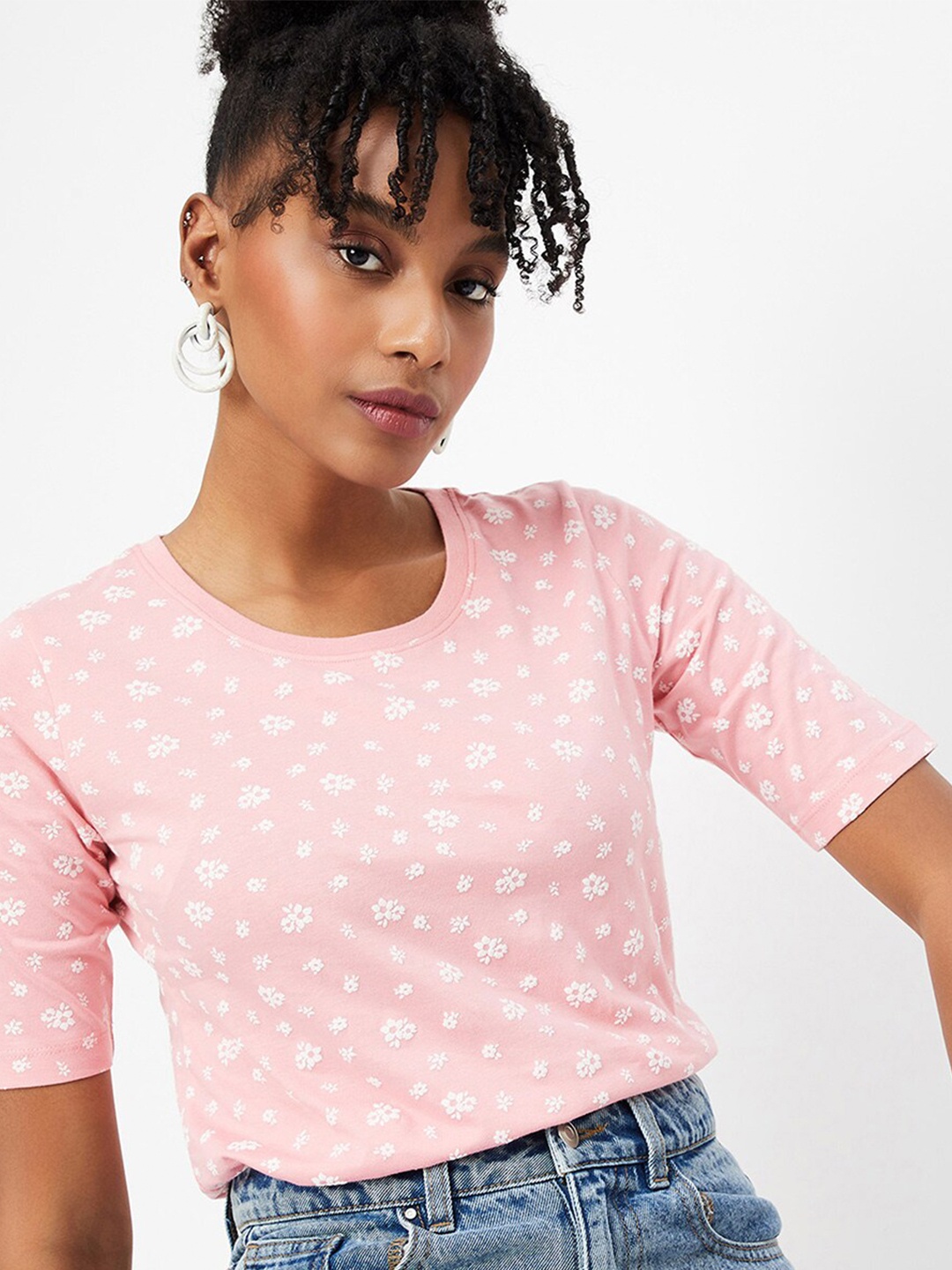 

max Floral Printed Cotton Crop T-shirt, Pink