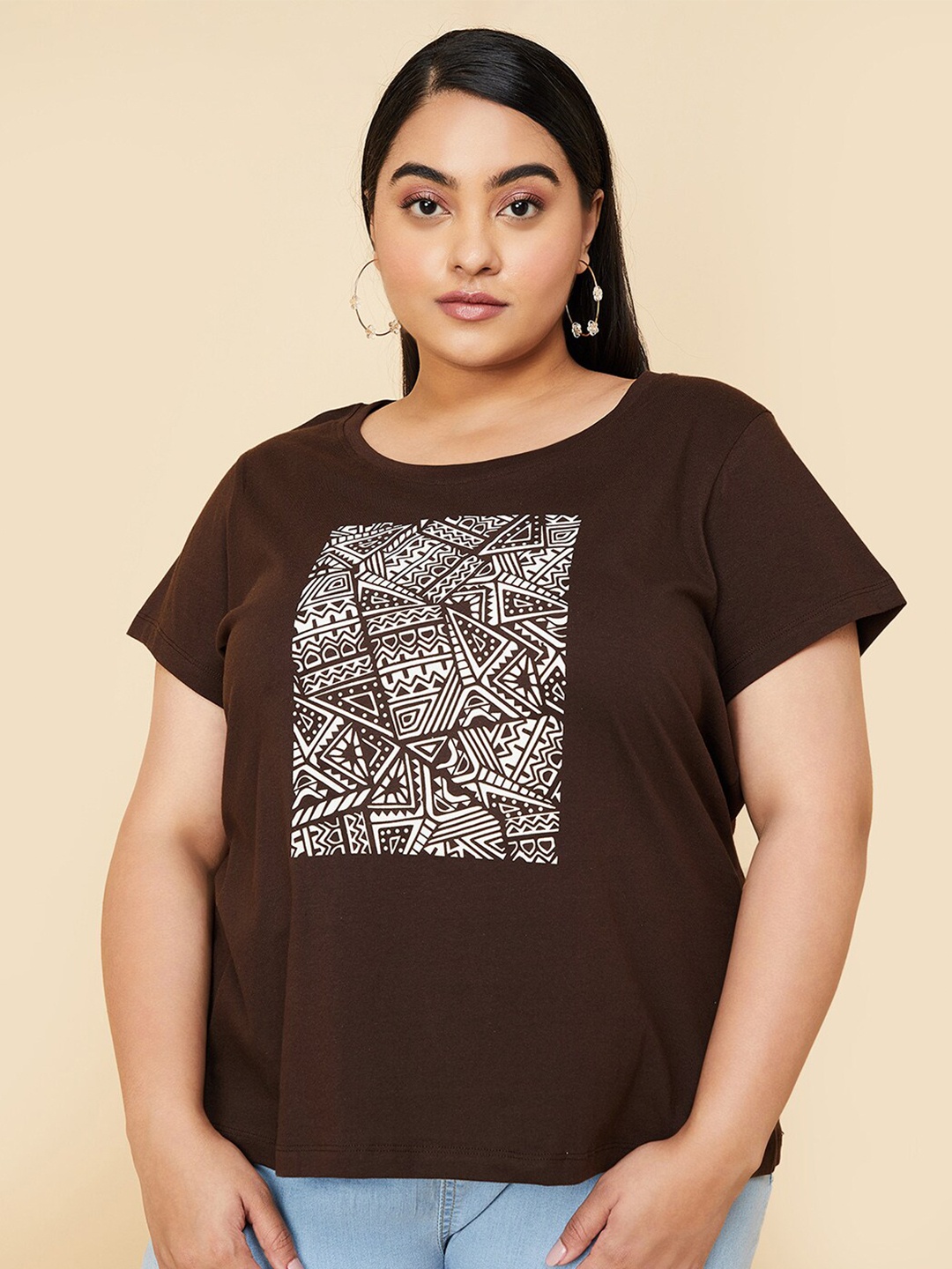 

max Plus Size Aztec Printed Cotton T-shirt, Brown