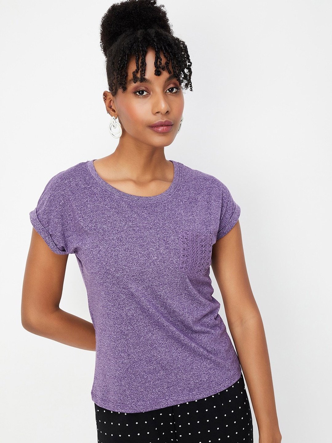 

max Round Neck Extended Sleeves Cotton Casual T-shirt, Purple