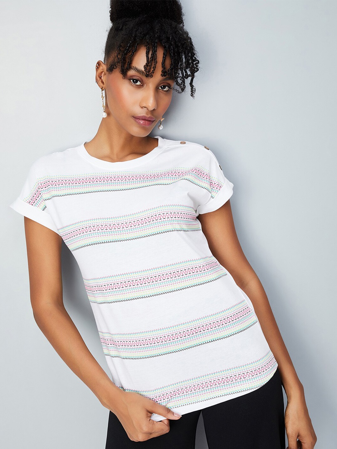

max Striped Round Neck Short Sleeves Cotton T-shirt, White