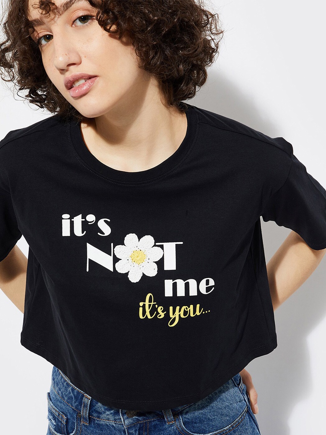 

max URB_N Typography Printed Round Neck Short Sleeves Cotton T-shirt, Black