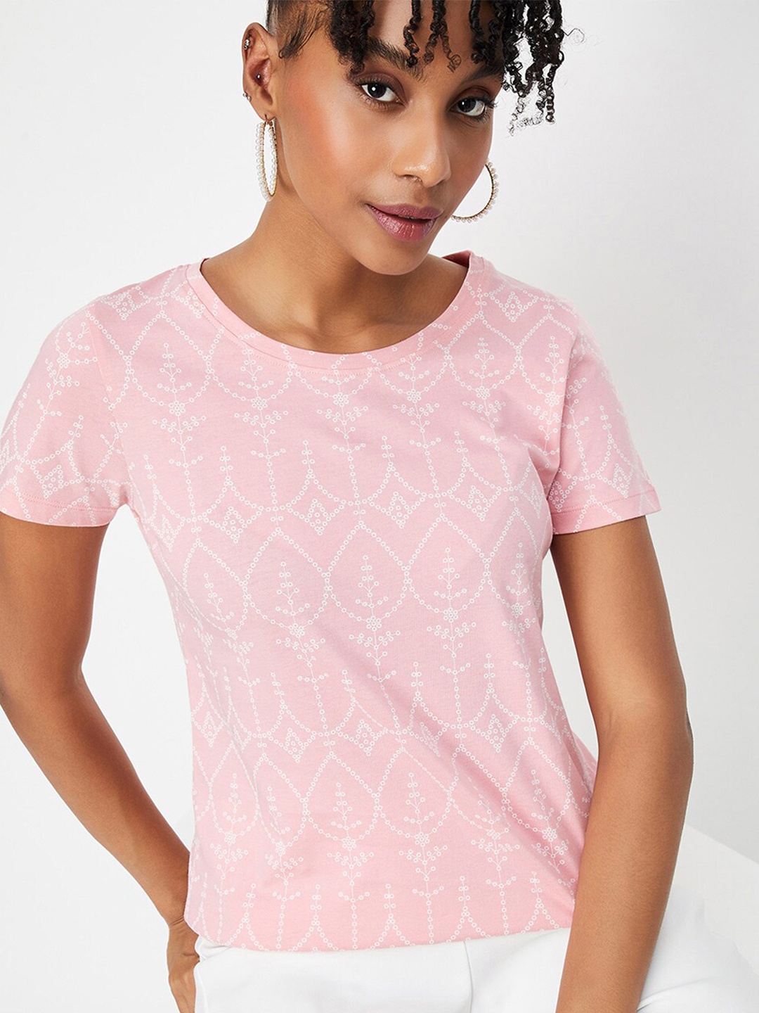 

max Printed Round Neck Short Sleeves Cotton T-shirt, Pink