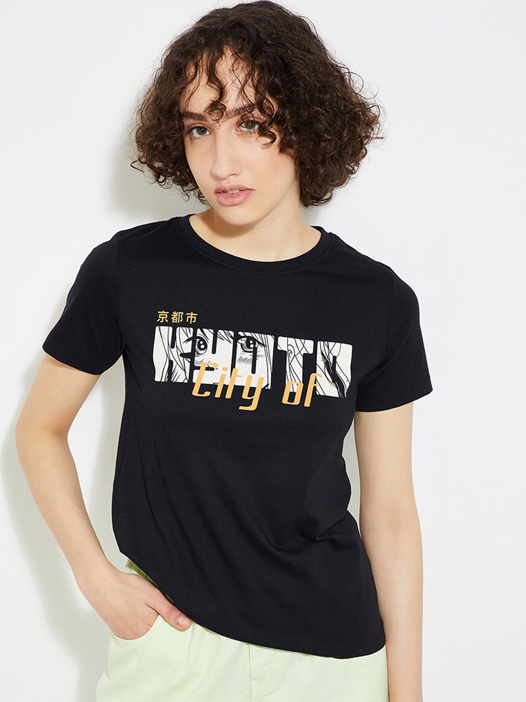 

max URB_N Typography Printed Short Sleeves Round Neck Cotton T-shirt, Black