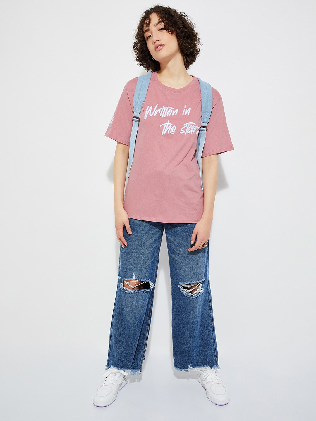 

max URB_N Typography Printed Round Neck Short Sleeves Cotton T-shirt, Pink