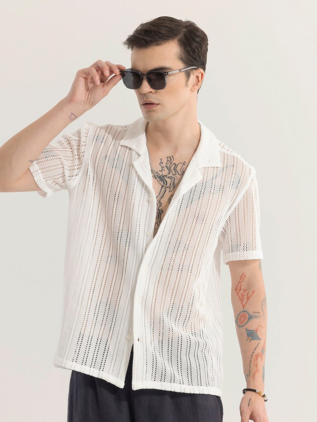 

Snitch Classic Self Design Boxy Semi Sheer Casual Shirt, White