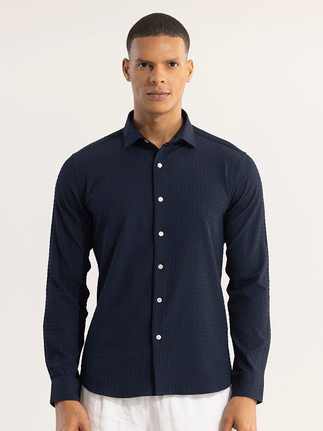 

Snitch Navy Blue Classic Slim Fit Self Design Checked Casual Shirt