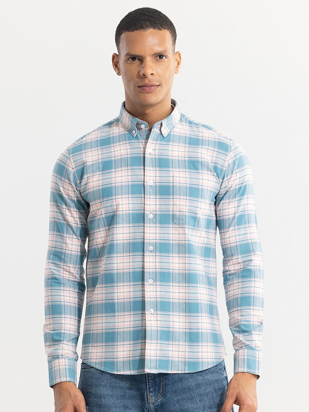 

Snitch Blue & Peach Classic Slim Fit Checked Cotton Casual Shirt