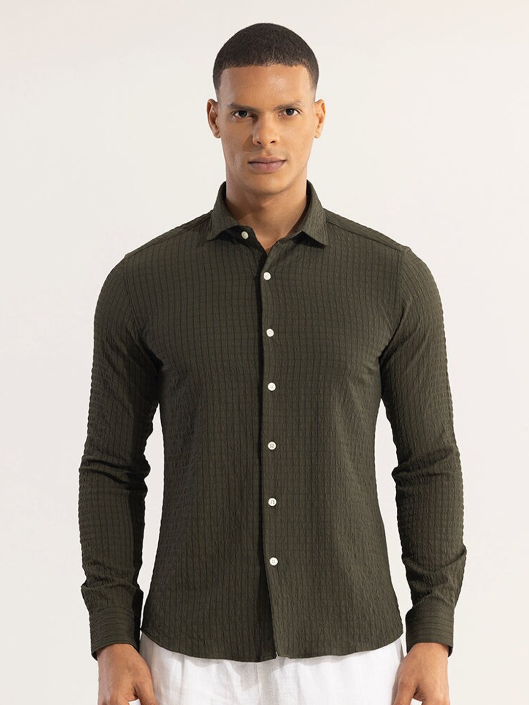 

Snitch Olive Green Classic Slim Fit Self Design Checked Casual Shirt