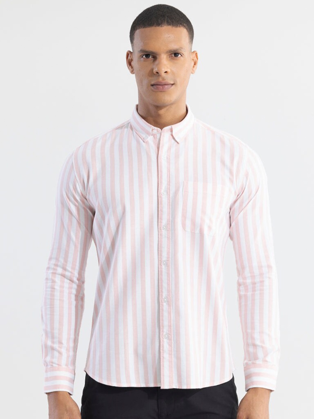

Snitch Pink & White Classic Slim Fit Pin Striped Cotton Casual Shirt