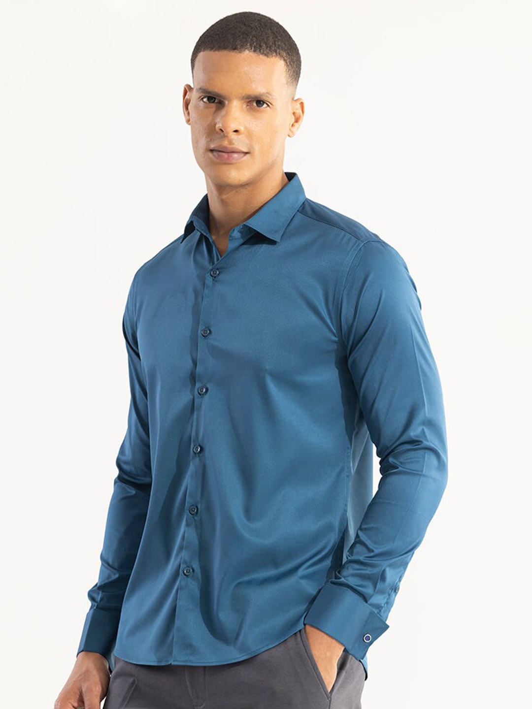 

Snitch Classic Slim Fit Spread Collar Long Sleeves Cotton Casual Shirt, Blue