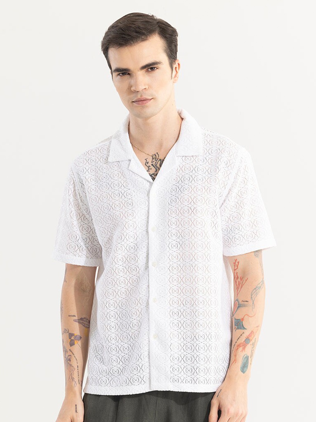 

Snitch White Self Design Classic Boxy Semi Sheer Casual Shirt