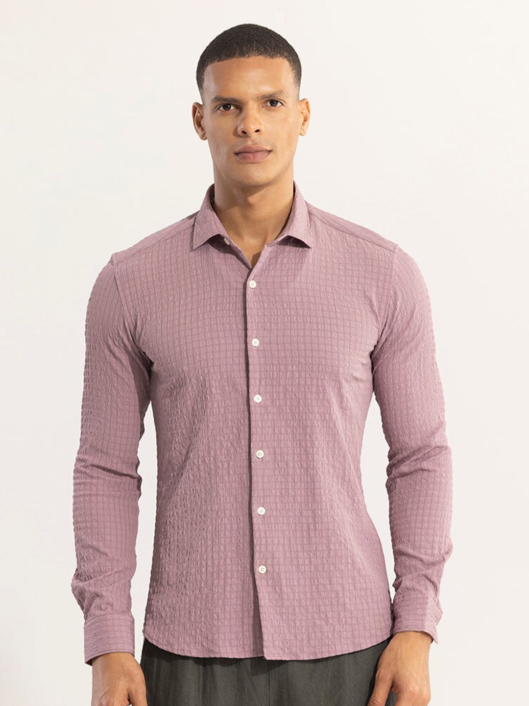 

Snitch Classic Slim Fit Checked Spread Collar Long Sleeves Casual Shirt, Mauve