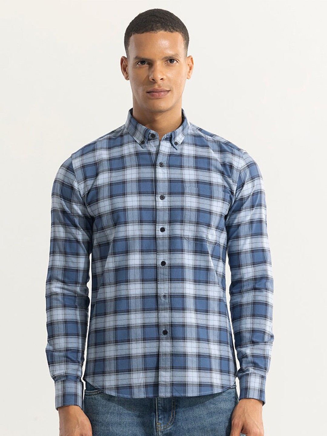 

Snitch Blue & White Classic Slim Fit Tartan Checked Cotton Casual Shirt