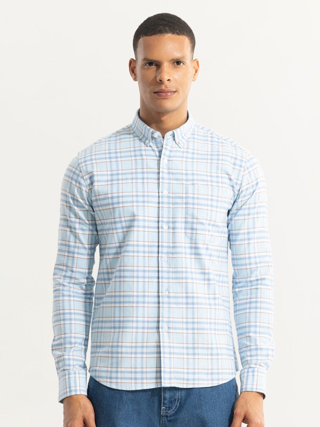 

Snitch Blue & White Classic Slim Fit Tartan Checked Cotton Casual Shirt