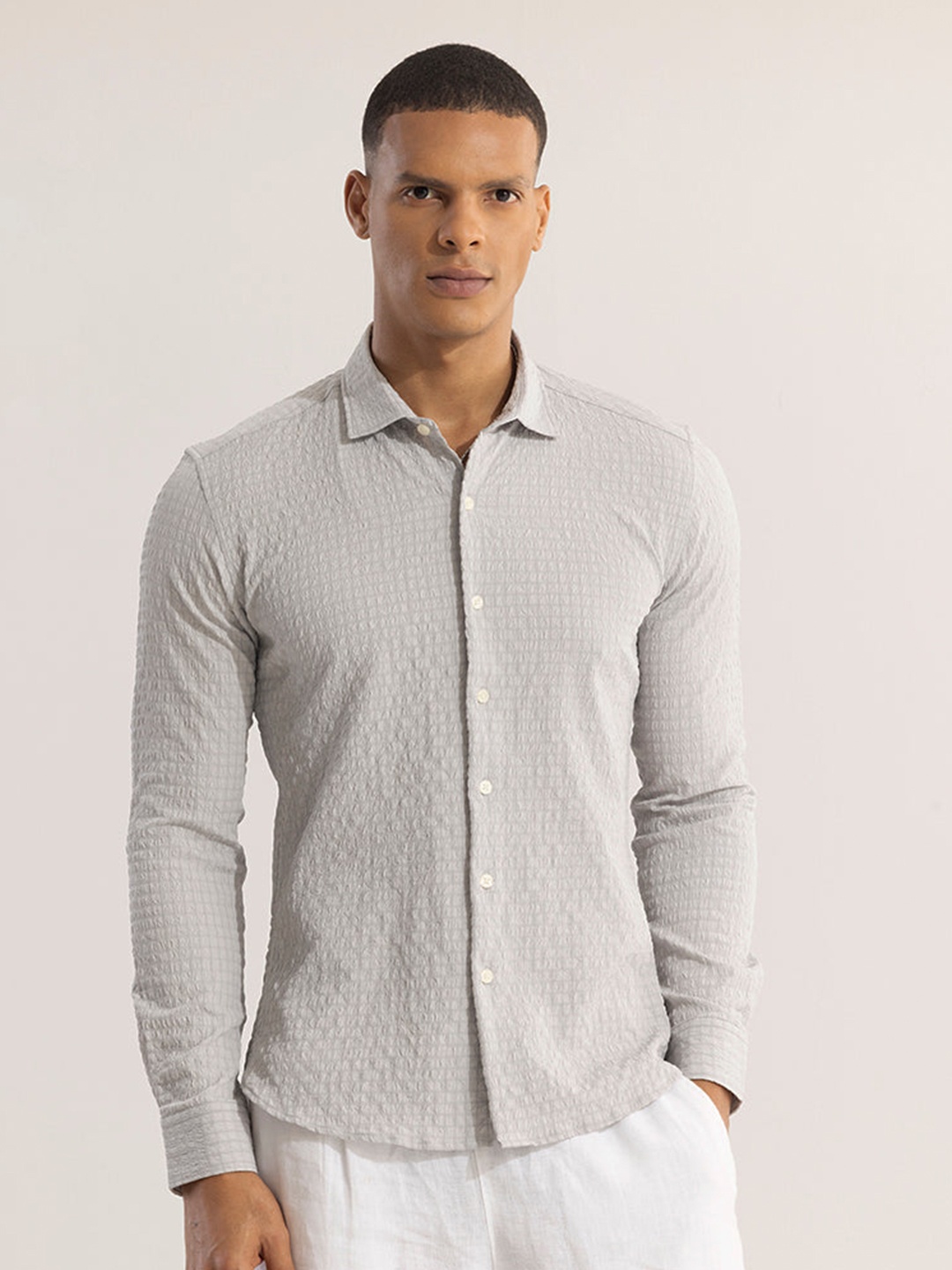 

Snitch Grey Classic Self Design Slim Fit Opaque Casual Shirt