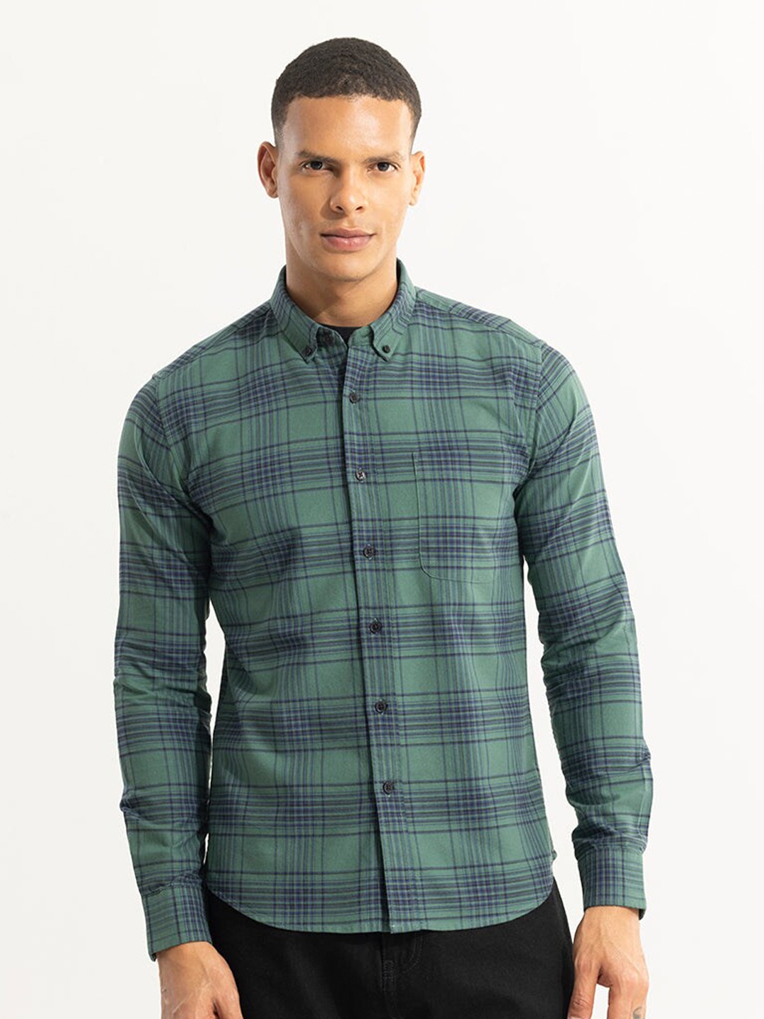 

Snitch Classic Slim Fit Tartan Checked Spread Collar Long Sleeves Cotton Casual Shirt, Green