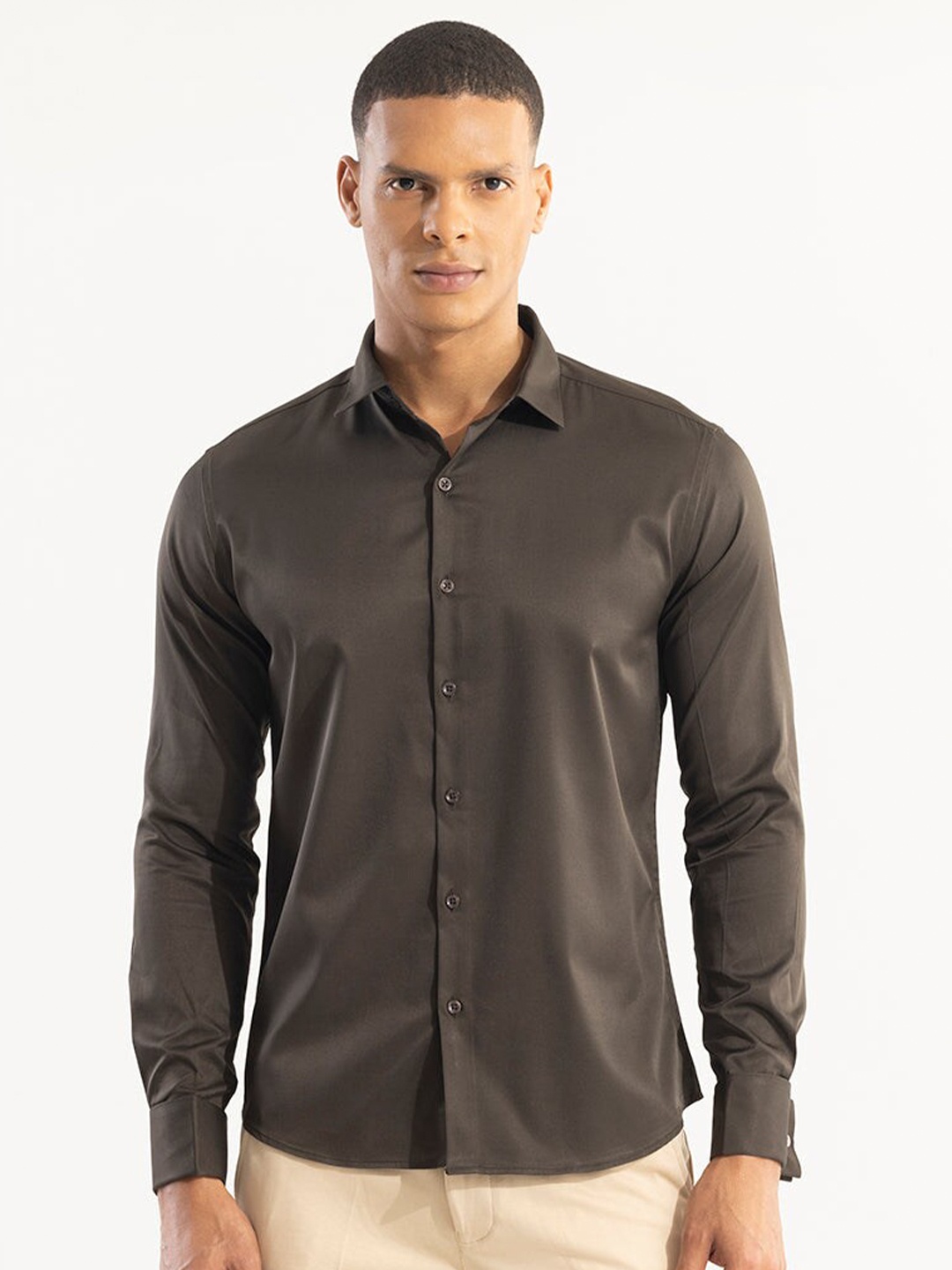 

Snitch Classic Slim Fit Spread Collar Long Sleeves Cotton Casual Shirt, Brown