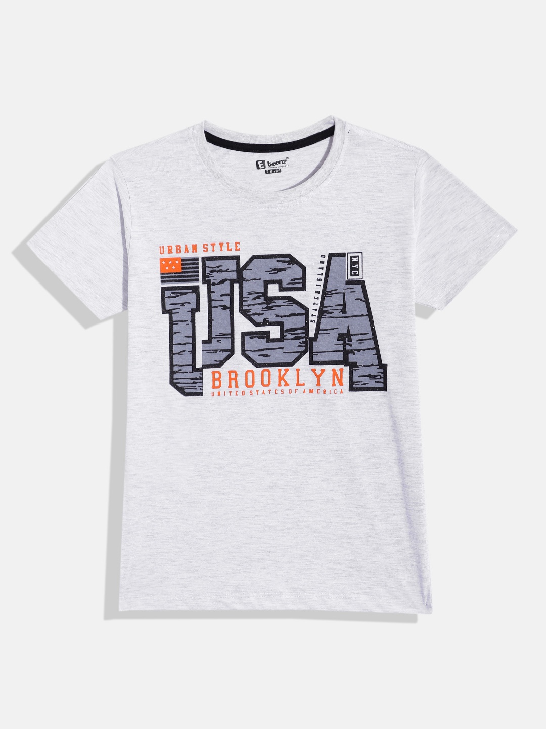

Eteenz Boys Printed Cotton T-shirt, Grey melange