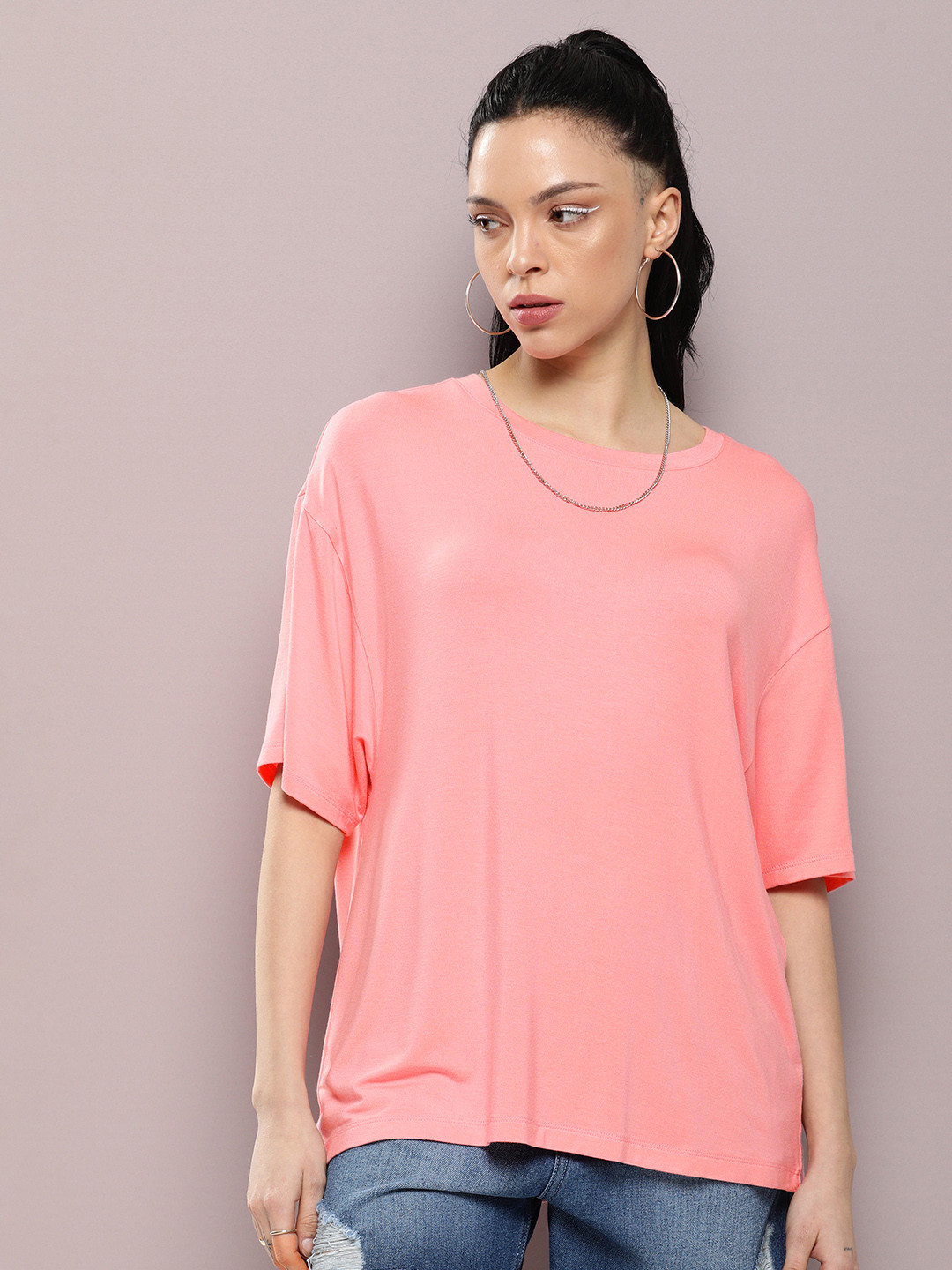 

Kook N Keech Women Solid Oversized T-shirt, Coral