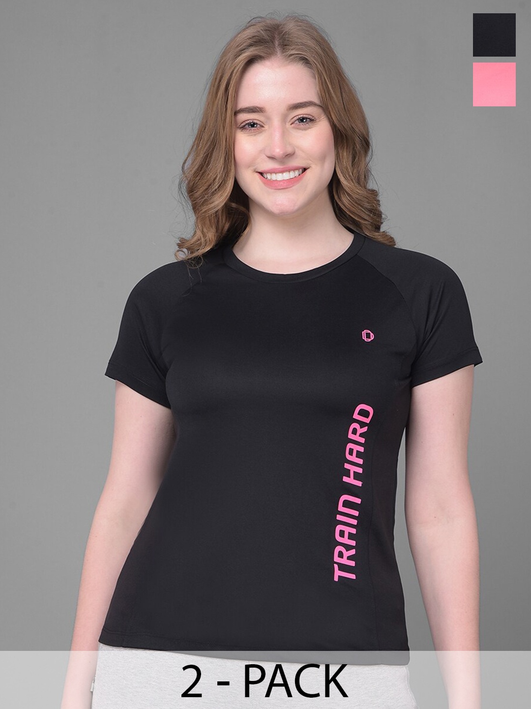 

Dollar Women Pack of 2 Typography Placement Print Microfiber Anti Bacterial Sports Tshirts, Black