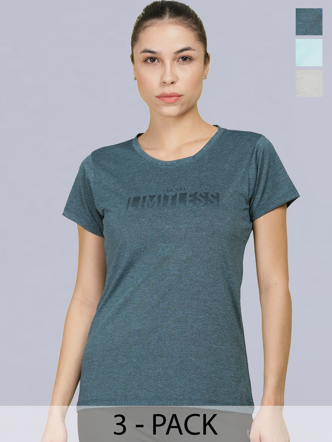

Dollar Women Pack of 3 Microfiber Printed Anti Bacterial Sports T-Shirt, Teal
