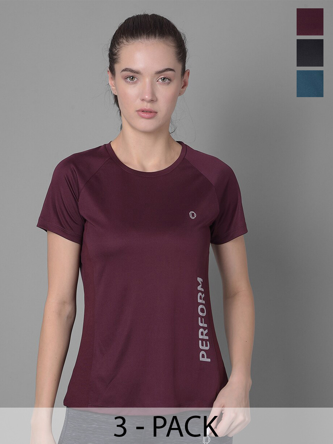 

Dollar Women Pack of 3 Typography Placement Print Microfiber Anti Bacterial Sports Tshirts, Maroon