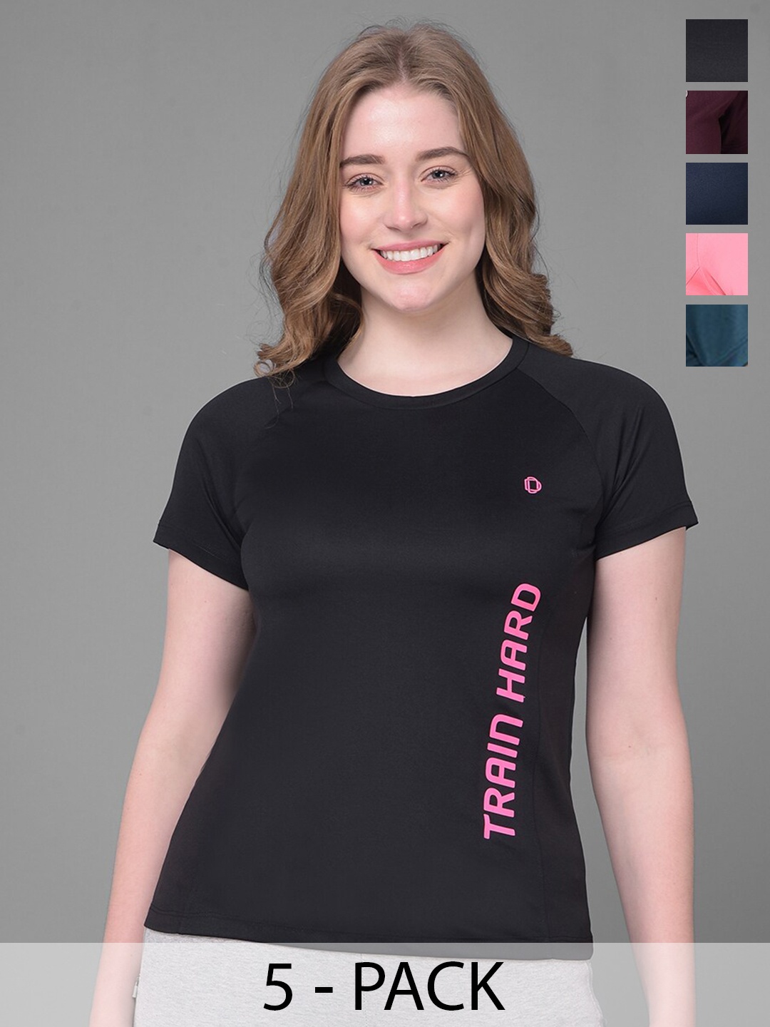 

Dollar Pack Of 5 Typography Printed Microfiber Anti Bacterial Sports T-Shirt, Black