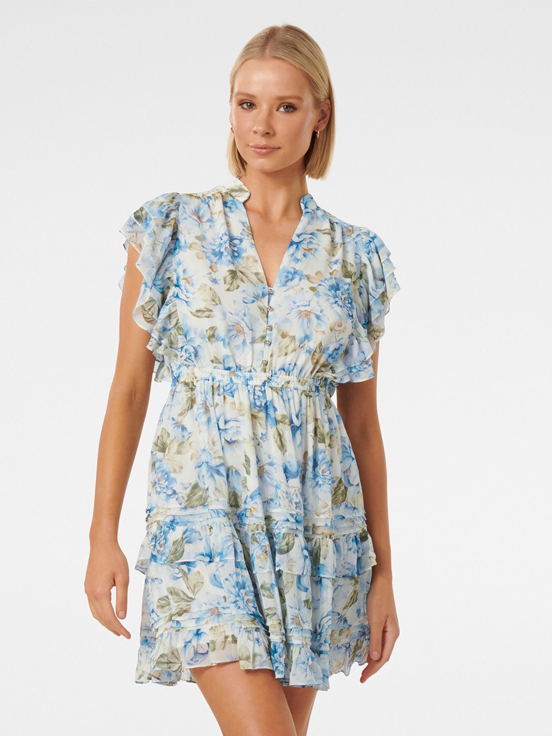 

Forever New Floral Printed Flutter Sleeves Fit & Flare Mini Dress, Blue