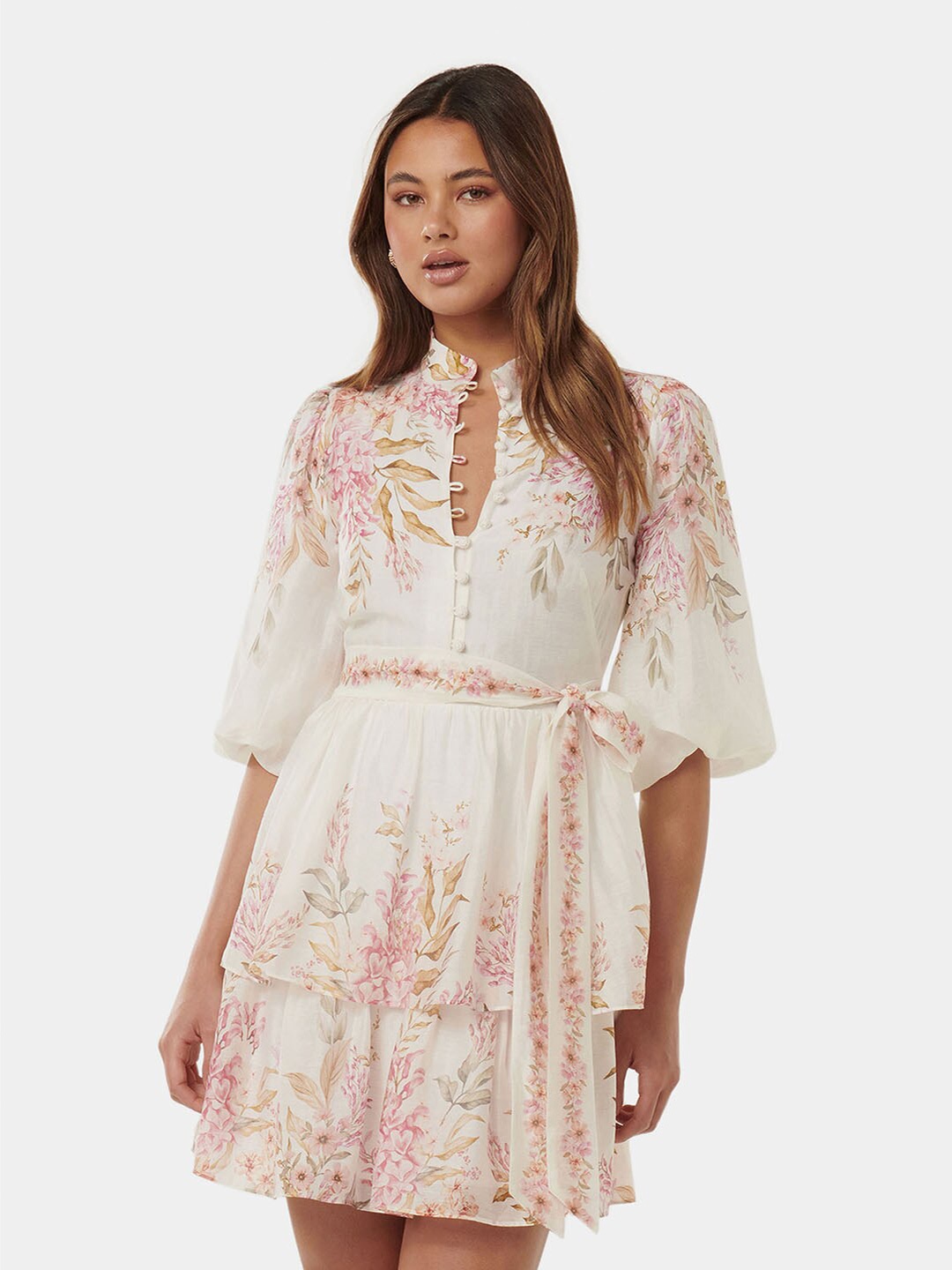 Forever New Floral Print Puff Sleeve Fit & Flare Dress, White