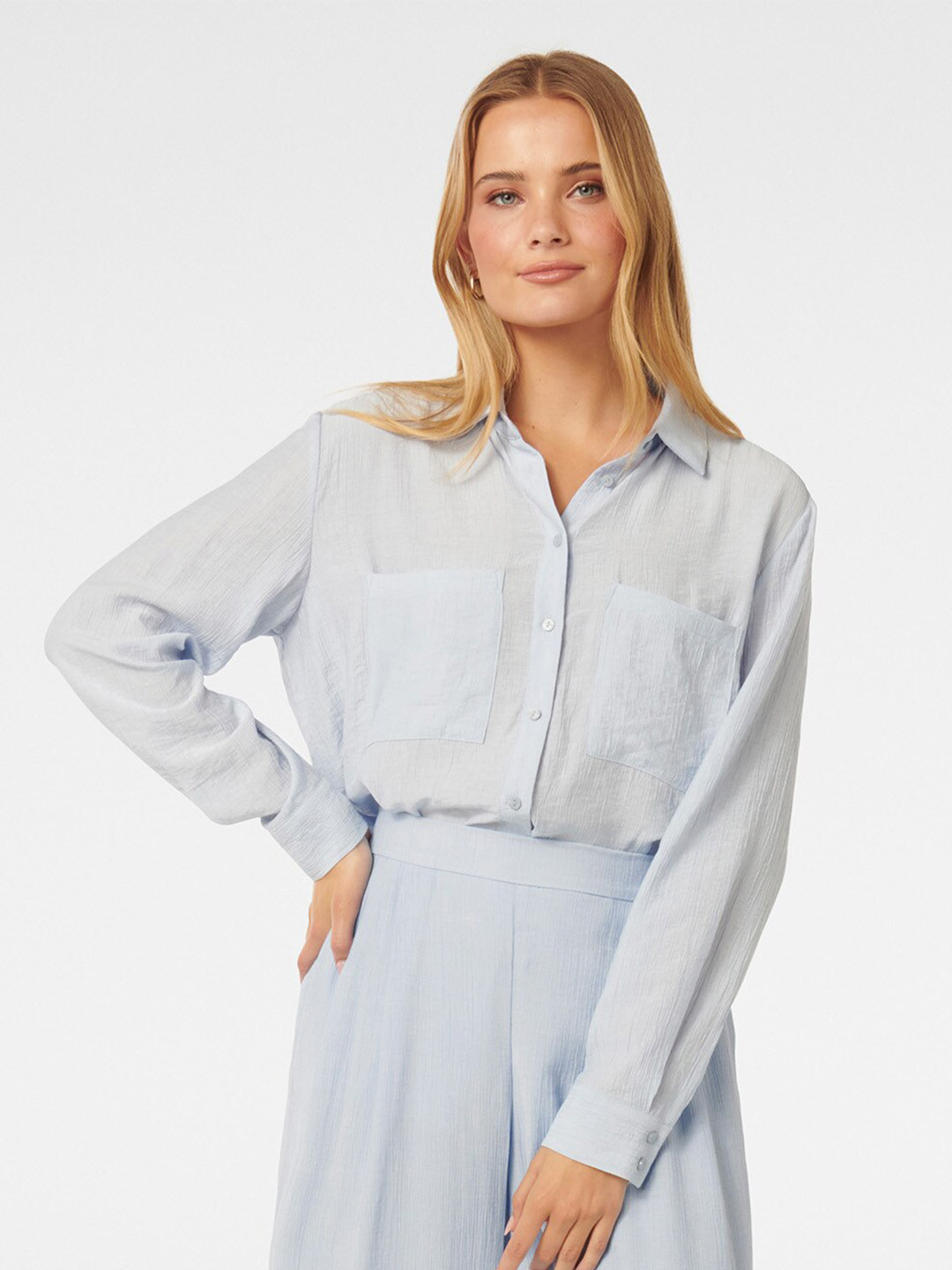 

Forever New Classic Vertical Striped Spread Collar High-Low Hem Casual Shirt, Blue