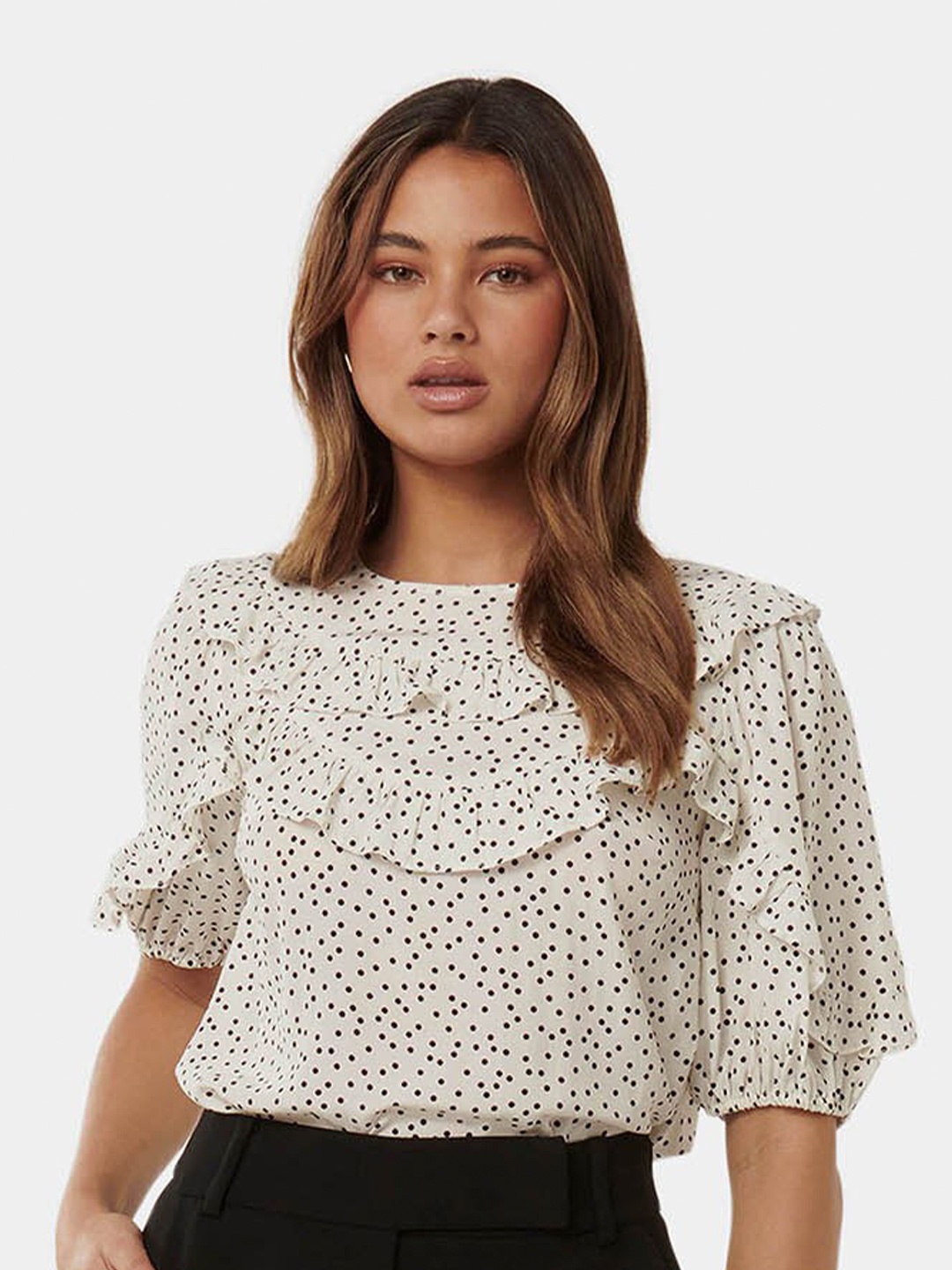 

Forever New Polka Dots Print Round Neck Puff Sleeves Ruffles Casual Top, Cream