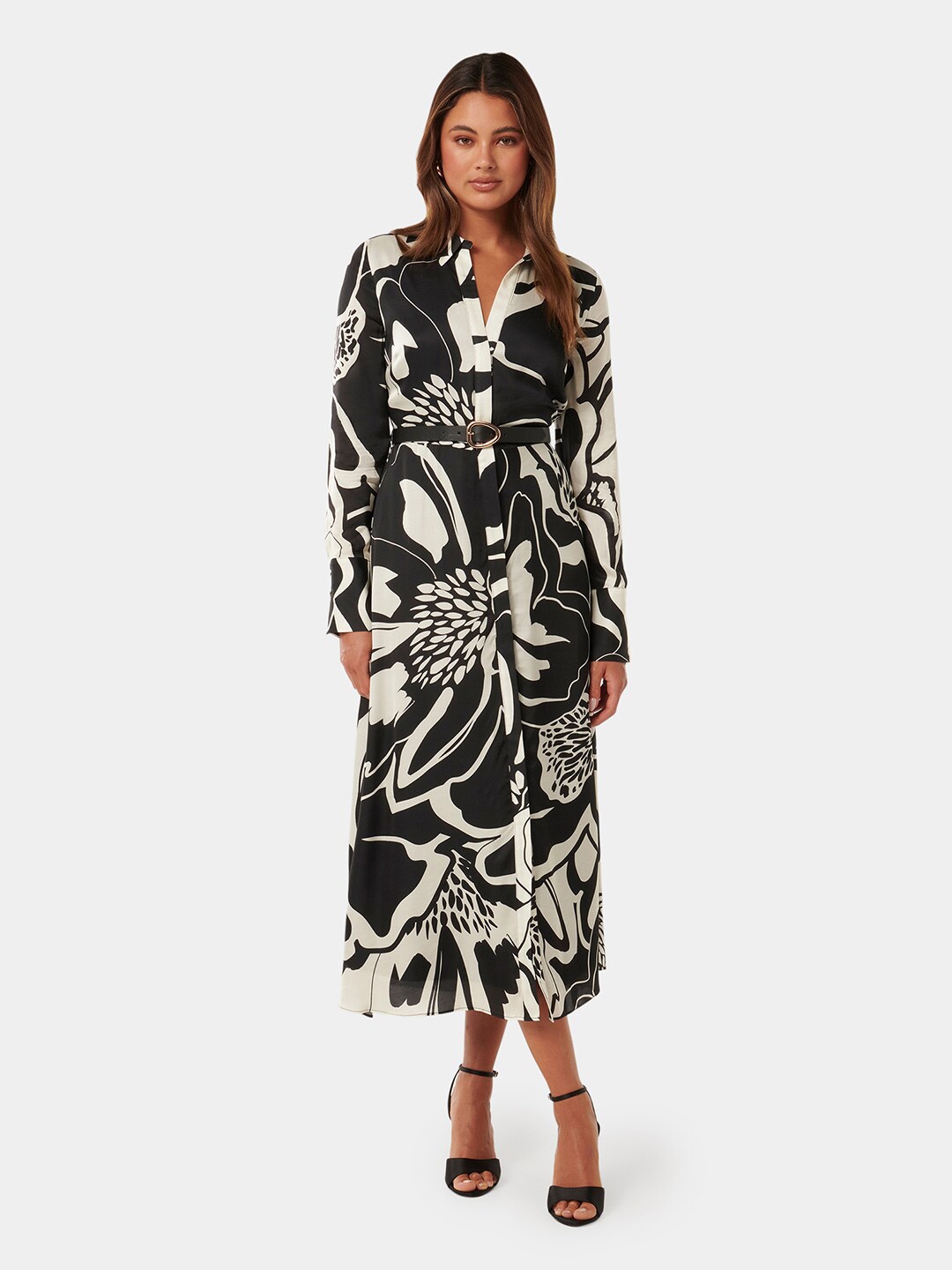 

Forever New Janine Printed Satin Shirt Midi Dress, Black